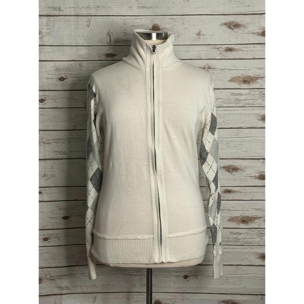 BKE casual white/gray argyle mock neck full zip long sleeve cardigan Size XXL